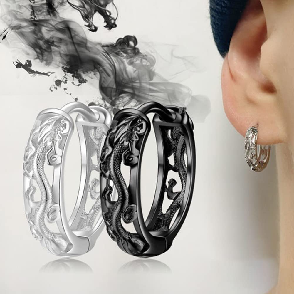 Rockyu Hoop Earrings for Black Chinese Style Dragon 925 Accessories Men, Ring, Earrings, Pixiu, Silver, Hypoallergenic, Birthday, Anniversary, Party,