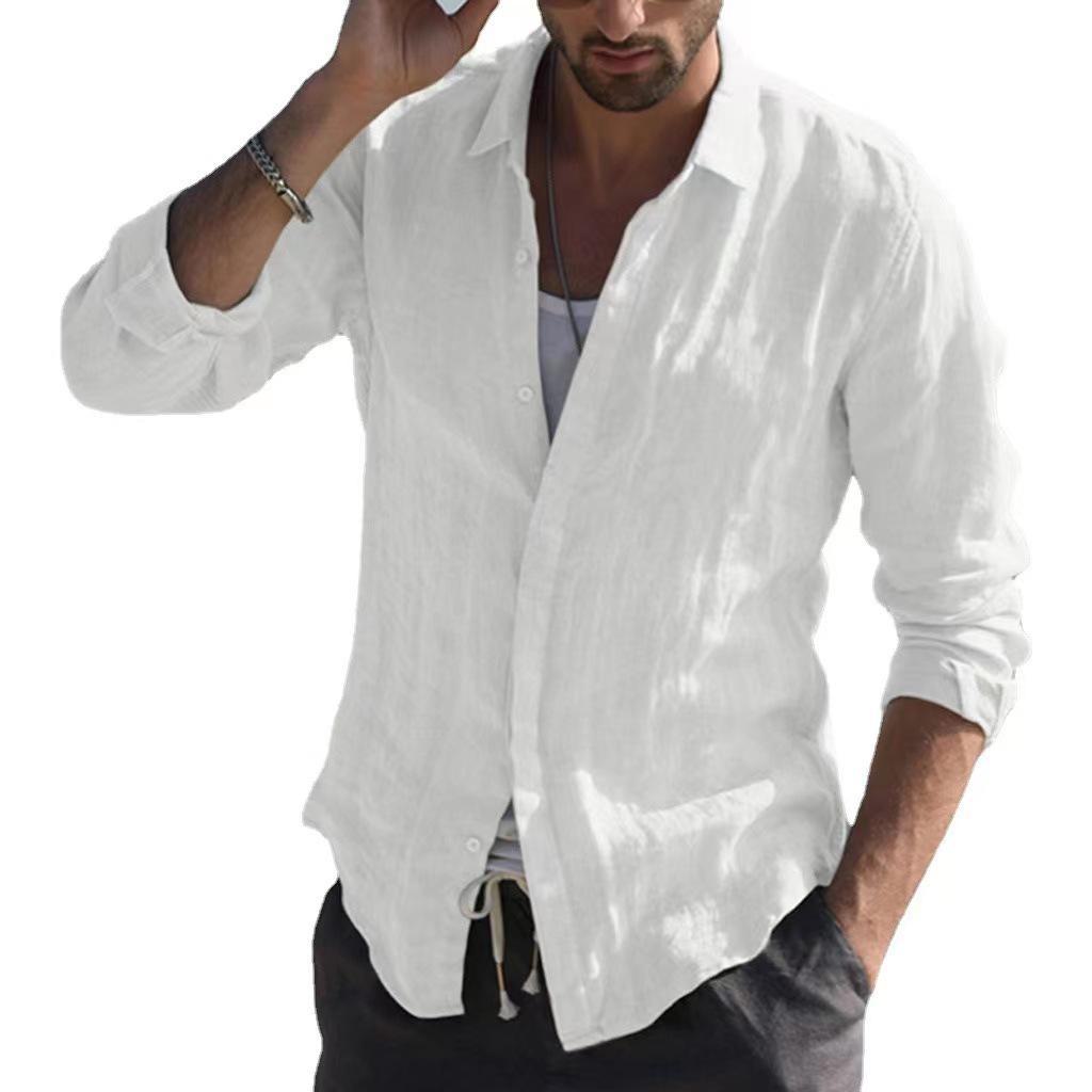 Camisa informal de algodón de manga larga de color liso para hombre de estilo europeo y americano - Envío gratuito