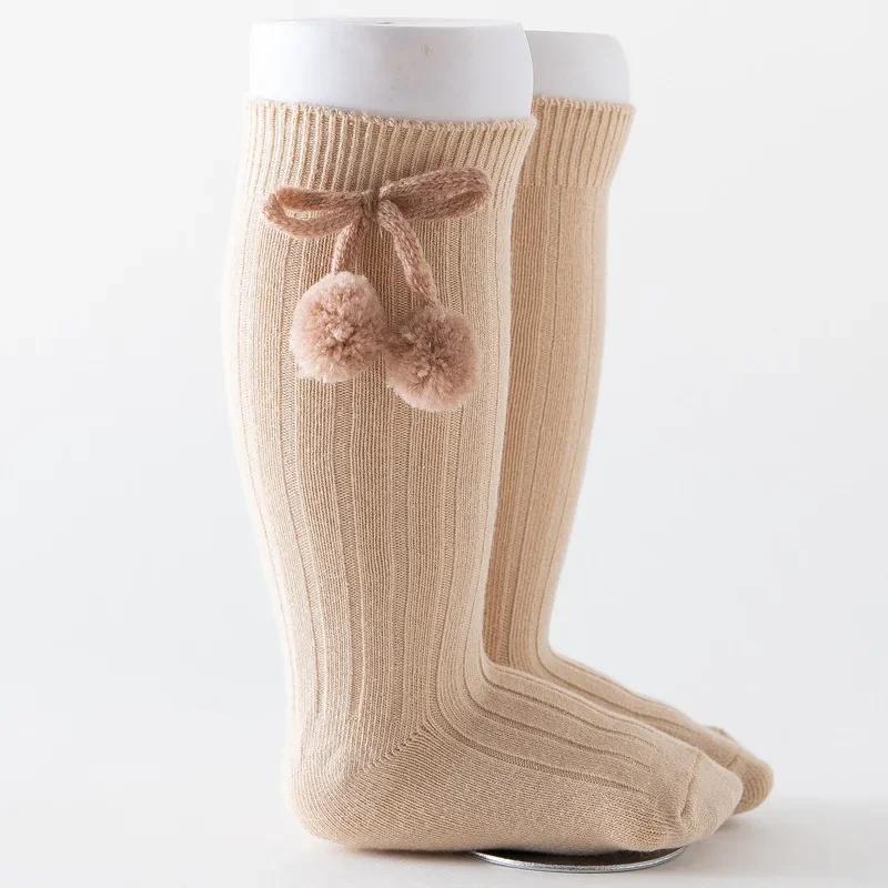 Autumn Winter Kawaii Baby Stockings Cotton British Princess Knee High Long Bow Pom Tube Socks for Girls Knitted Sock Warmer 0-4y