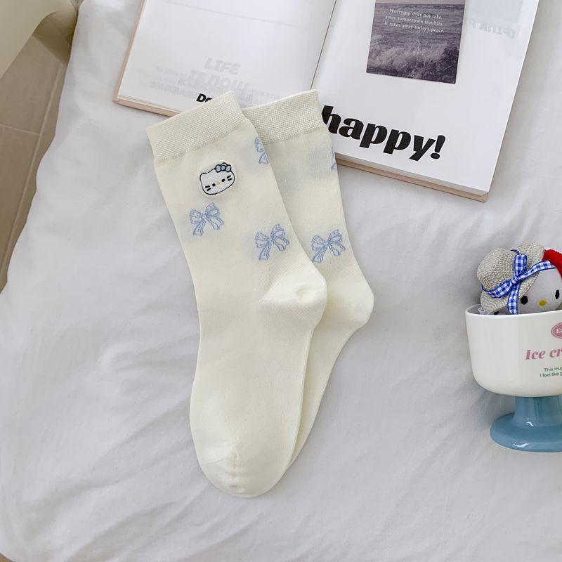 Early Autumn Boneless Socks Flocked Korean Cute Cartoon Bow Cat Mid-Tube Socks Versatile Socks Cotton Socks