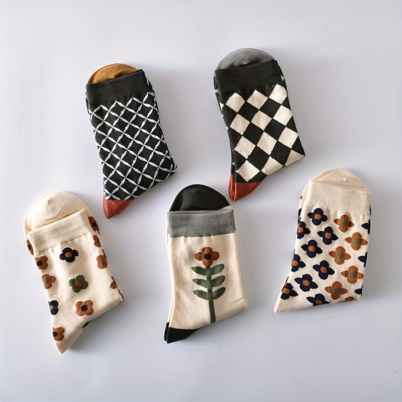 5 Pairs of Autumn And Winter Women'S Socks, Literary And Retro Style, All-Match Women'S Socks, Small Flower Socks