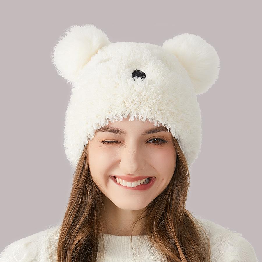 

Зимняя женская вязаная шапка с медвежьим мехом, плюшевая шапка с защитой ушей, теплая шапка с рукавами, шапки с черепами белый