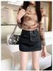 Women's Coffee-Colored PU Leather A-Line Mini Skirt, Petite, High-Waisted, Textured, Hip-Hugging, Autumn Style.