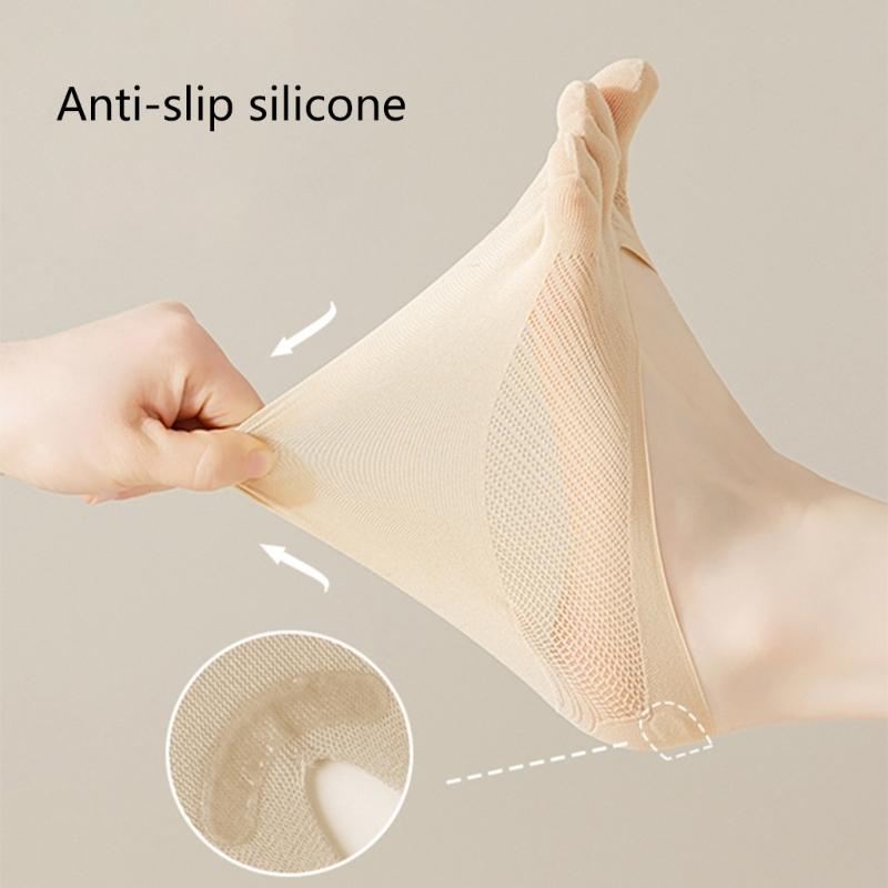 5 Pairs Women's Toe Separated Invisible Socks Breathable Cotton Silicone Grip Antislip Low Cut No Show Design Hosiery