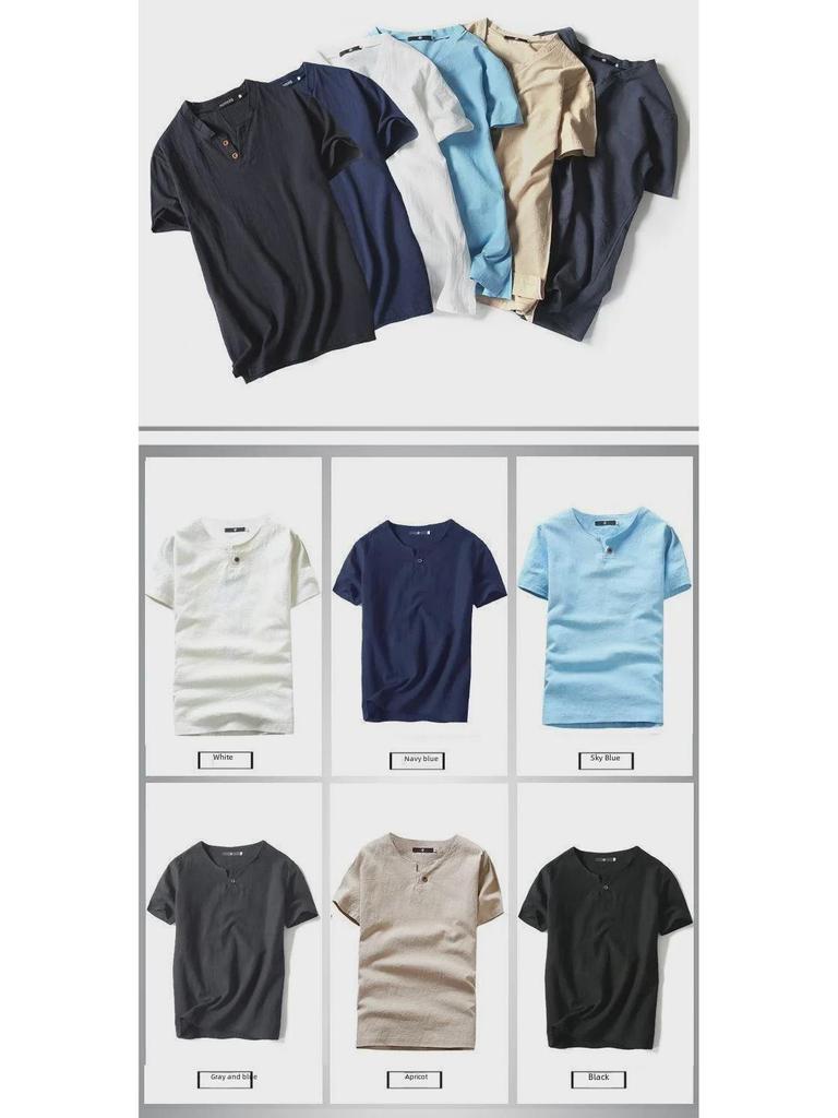 Men's Summer V-Neck Cotton-Linen Short Sleeve T-Shirt with Buttons