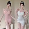 Suspender Skirt with V-neck Low-cut Overalls Women's White Dress To Reduce Age and Look Thin