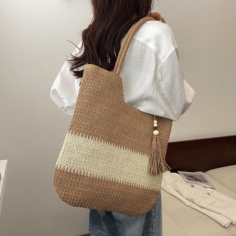Mori Large-capacity Contrasting Color Splicing Woven Tote Bag Women's Niche Leisure Versatile Summer Vacation Shoulder Beach Bag