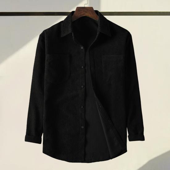 Men Corduroy Shirt Turn-down Collar Single-breasted Solid Color Loose Cardigan Retro Style Mid Length with Chest Pockets Top for Daily