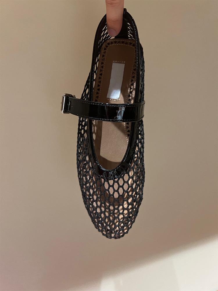 

Sheepskin Round Head Mesh One-word Buckle Ballet Shoes Women s Full Diamond Flats Hollow Mary Jane Single Shoes Fishnet Shoes 35