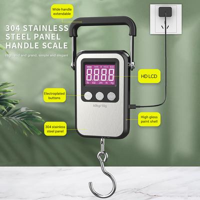 Balança de Bagagem de Precisão 60kg 10g Balanças de Pesca Digital Portátil Viagem Mala Balança Aço Inoxidável Recarregável