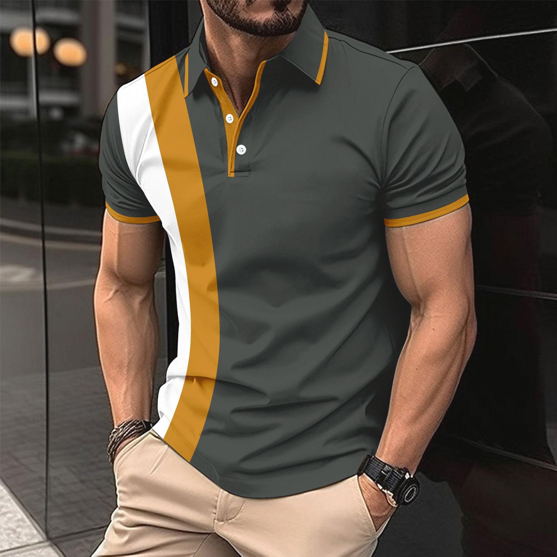 

New Men s Casual POLO Shirt Chest Printing Stripes Lapel Buttons Business Colour Blocking Matchy-matchy T-shirt S темно-серого