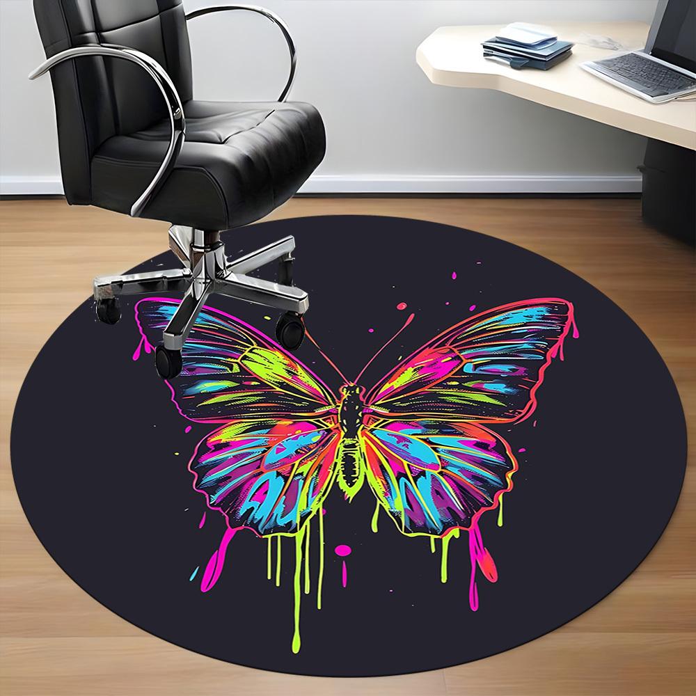 1PC Butterfly Neon Office Round Area Rug, Mat Suitable For Office, Under Office Chairs Bedroom Living Room Home Decor, Room Deco