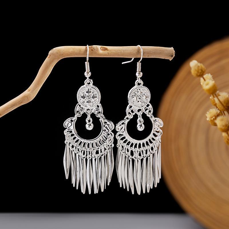 Ethnic Miao Silver Leaf Tassel Earrings