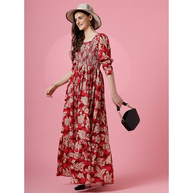 Sheetal Associates Women s Maxi Floral Print Crepe Regular Sleeves Casual Dress Red XL