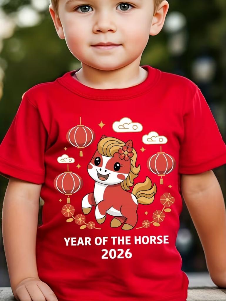 Children's T-Shirt 2026 Happy New Year Greeting Short Sleeve Casual Crew Neck T-Shirt Year of the Horse Gift Top Loose Clothing