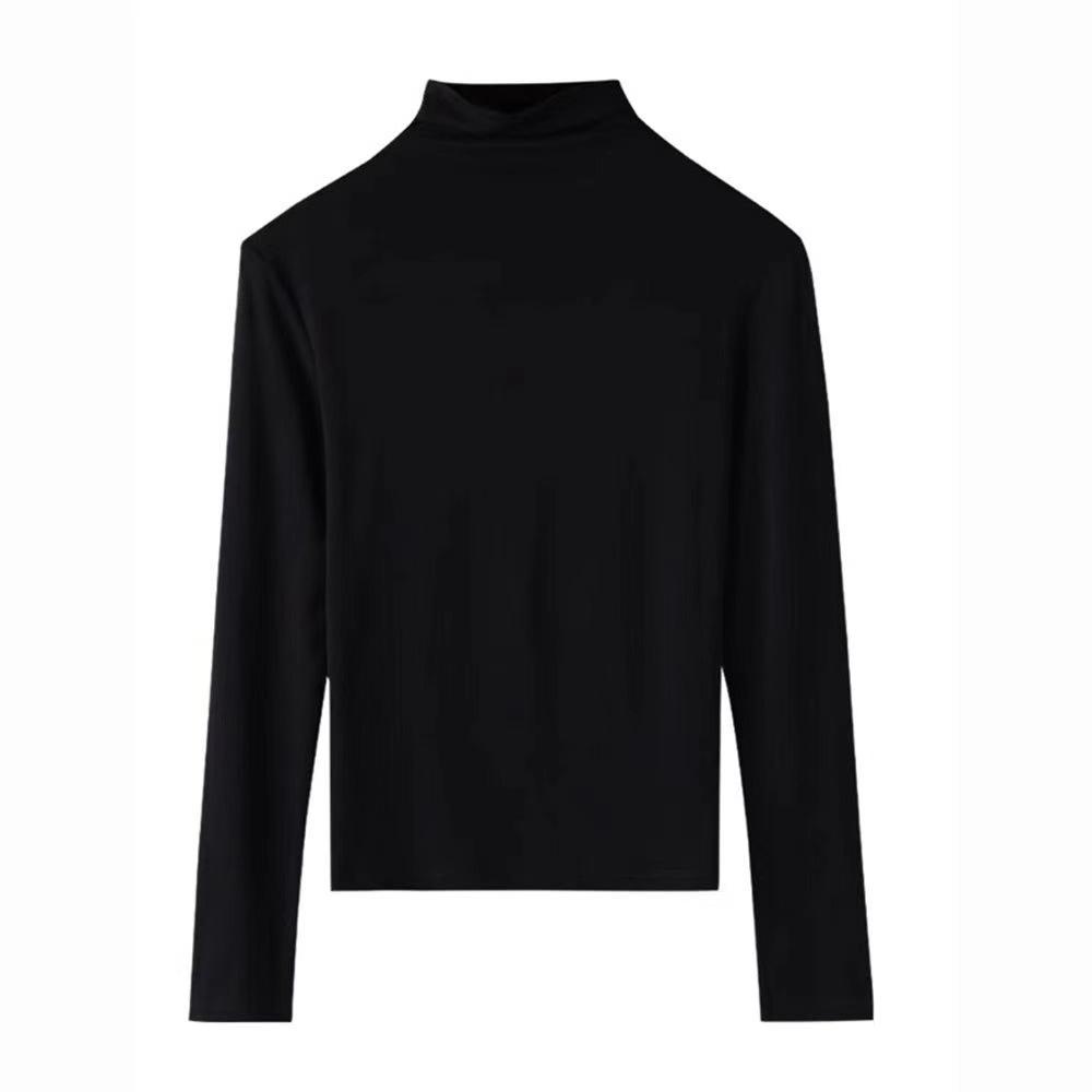 Women's Modal High-Elastic Base Layer: Semi-High Neck, Slimming Long Sleeve T-Shirt for Spring, Autumn, Winter.
