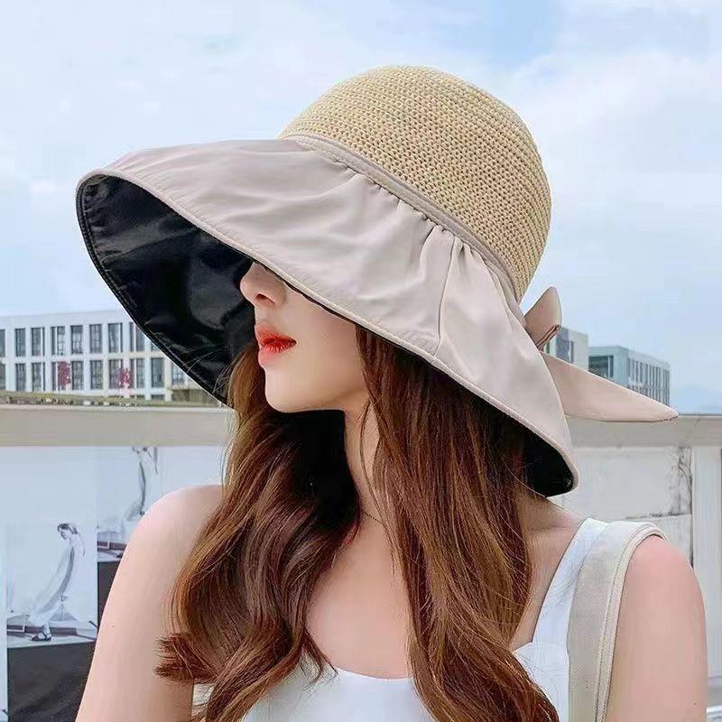 Women's UV Protection Foldable Bucket Sun Hat with Face Covering and Large Brim - Black