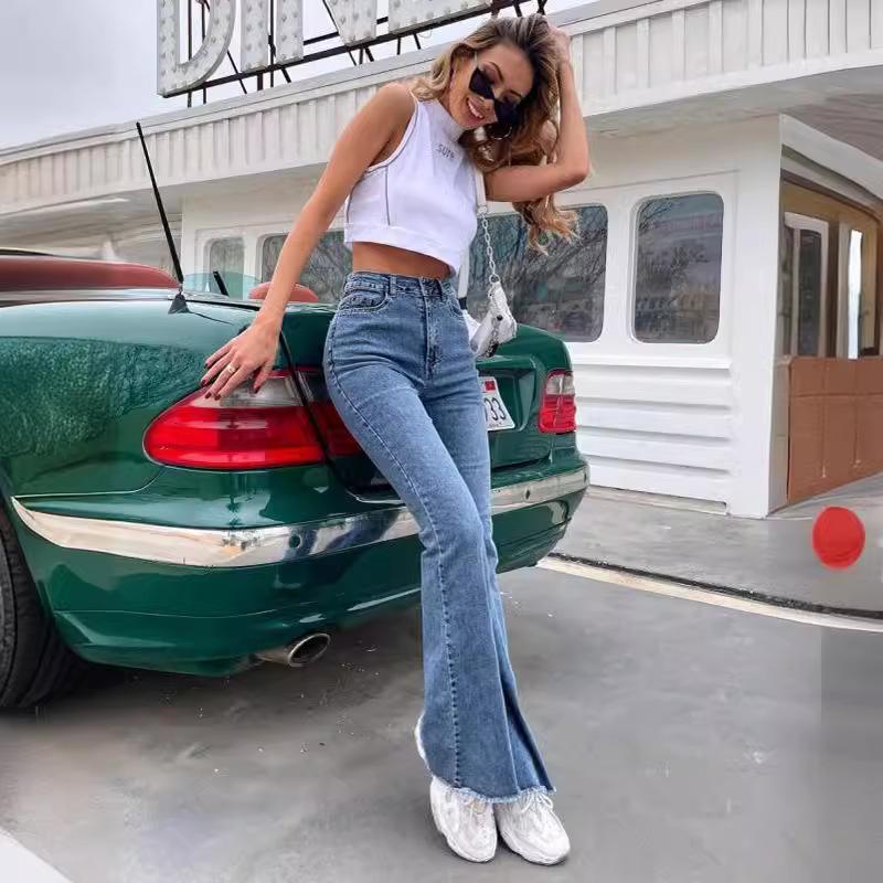 Jean évasé à ourlet brut pour femme, braguette à boutons, mode automne, pantalon en denim pour femme, taille haute, slim, grande taille