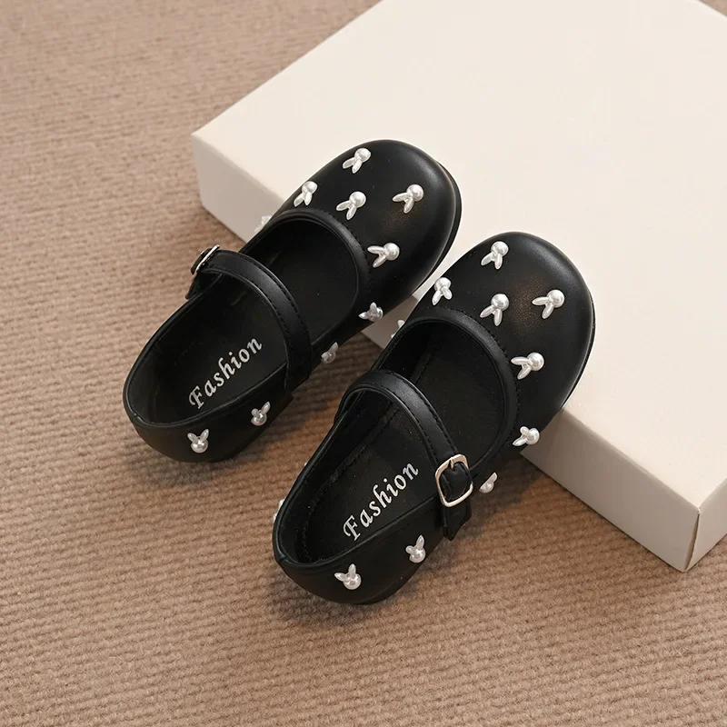 

Children Flat Shoes with Sweet Rabbits Kids Princess Shoes Non-slip Soft Sole 2025 New Fashion Girls Leather Shoes Round Toes 23 чёрный