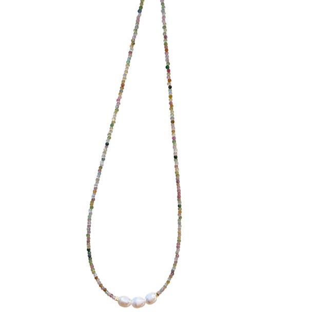 Qiaoen 2mm Turmalin Bonbonfarben Halskette mit Süßwasserperlen - Damen Französischer Retro-Stil