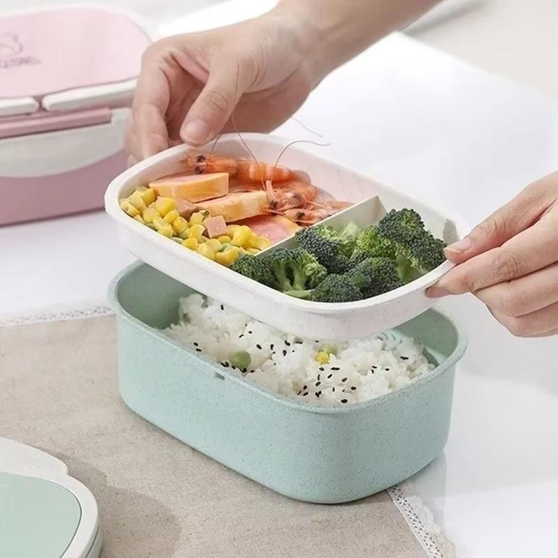 Double-layer Portable Student Office Lunch Box Food Preservation Container Storage Box Lunch Boxs Supplies Household Solid Color