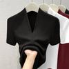 Women's Summer V-Neck Slim-Fit T-Shirt Solid Color Short Sleeve Base Layer Top