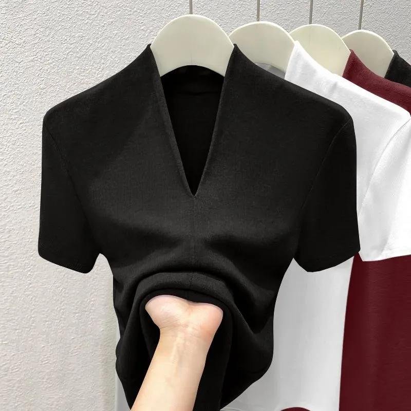 Women's Summer Threaded V-neck Short Sleeved T-shirt Slim Fit and Slimming, Solid Color Base Top