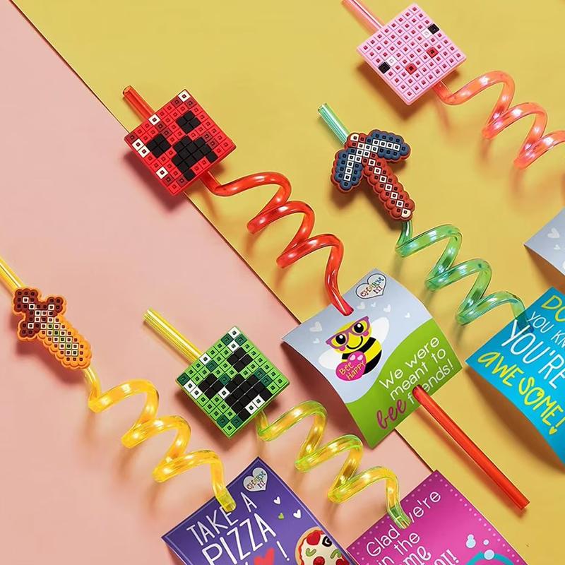 5pcs Pixel Straws Reusable Miner Plastic Spiral Drinking Straws Kids Birthday Party Favors Decoration Juice Straws