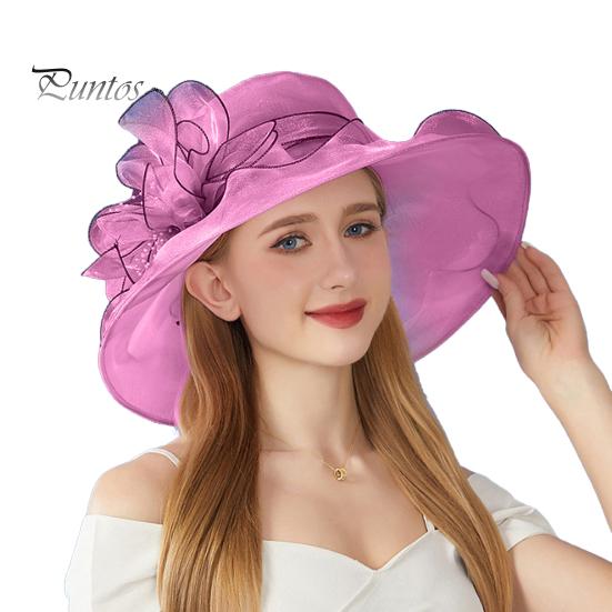 Chapeau de soleil à large bord en organza avec fleurs et plumes, protection UV, matériau translucide, pour femme