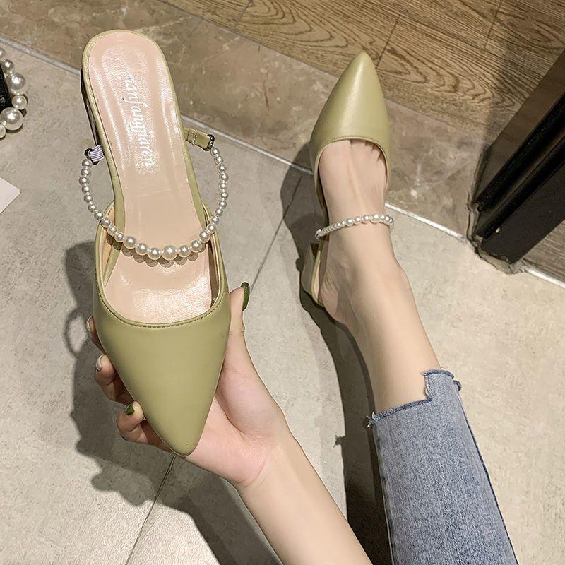 Baotou Half Slippers Summer New Outer Wear with Skirt Beige Pointed Pearl Stiletto Sandals
