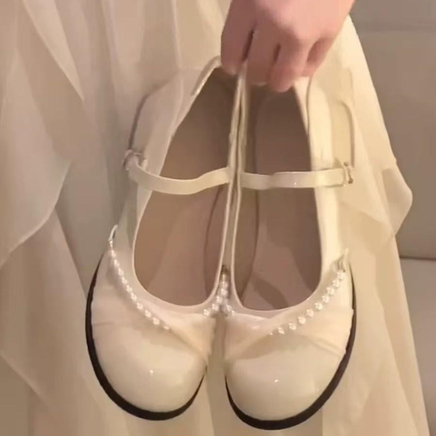 Skinny French Mary Jane shoes soft leather light mouth thick heel pearl single shoes with skirt fairy style foreign style versatile shoes
