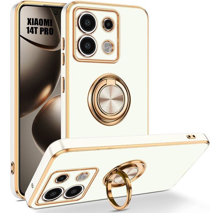 Case for Xiaomi 14T Pro, Shockproof Silicone Protection with 360° Rotating Ring - White