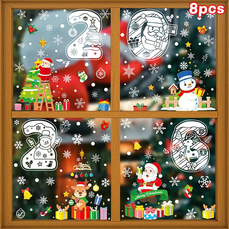 Naklejki Merry Christmas, Noworoczne białe płatki śniegu naklejki elektrostatyczne, Święty Mikołaj, Renifer, Bałwan naklejki na okno