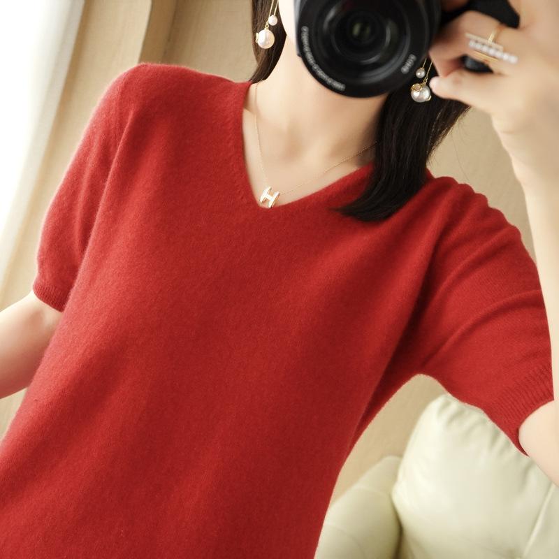 New Spring Short-sleeved Autumn and Winter Sweater Sweater V-neck Half-sleeve Trendy Versatile Korean Style Loose Bottoming Shirt T-shirt for Women