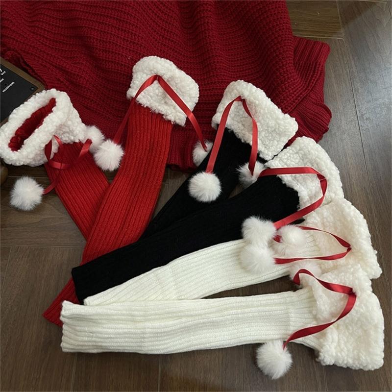 Women Winter Ribbed Knit Leg Warmer Stockings Y2K Harajuku Furry Trim Plush Ball Bow Christmas Leg Cover Long Boot Socks