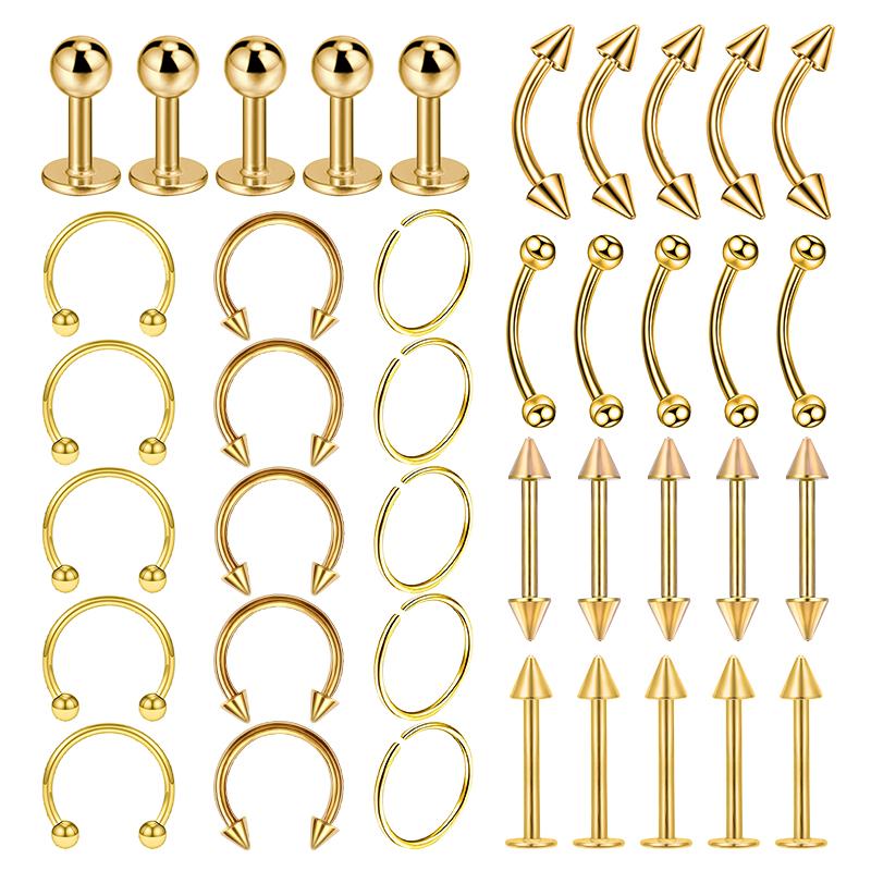 40PCS Surgical Steel Body Piercing Jewelry Lot Bulk Nose Ring Tongue Bar Lot Eyebrow Labret Piercing Set Horseshoe Ring Lot Pack