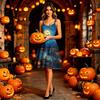 Women’s Halloween Print Dress Sleeveless Off Shoulder Spaghetti Strap A Line Midi Dress with Festive Pattern for Holiday Parties