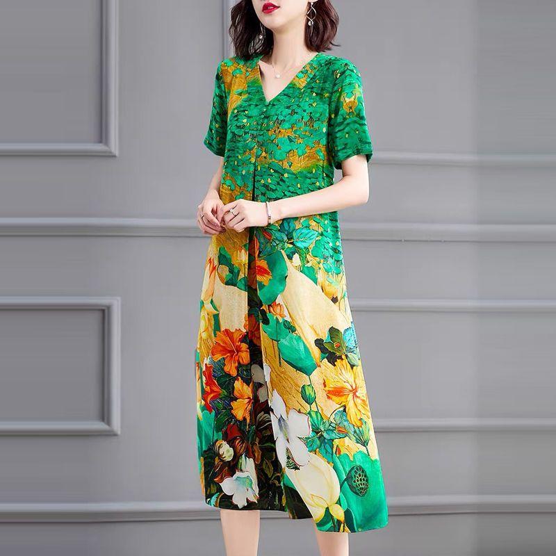 Elegant V-Neck Floral Printed Dresses Vintage Folk Summer Stylish Button Folds Women's Clothing Casual Short Sleeve Midi Dress