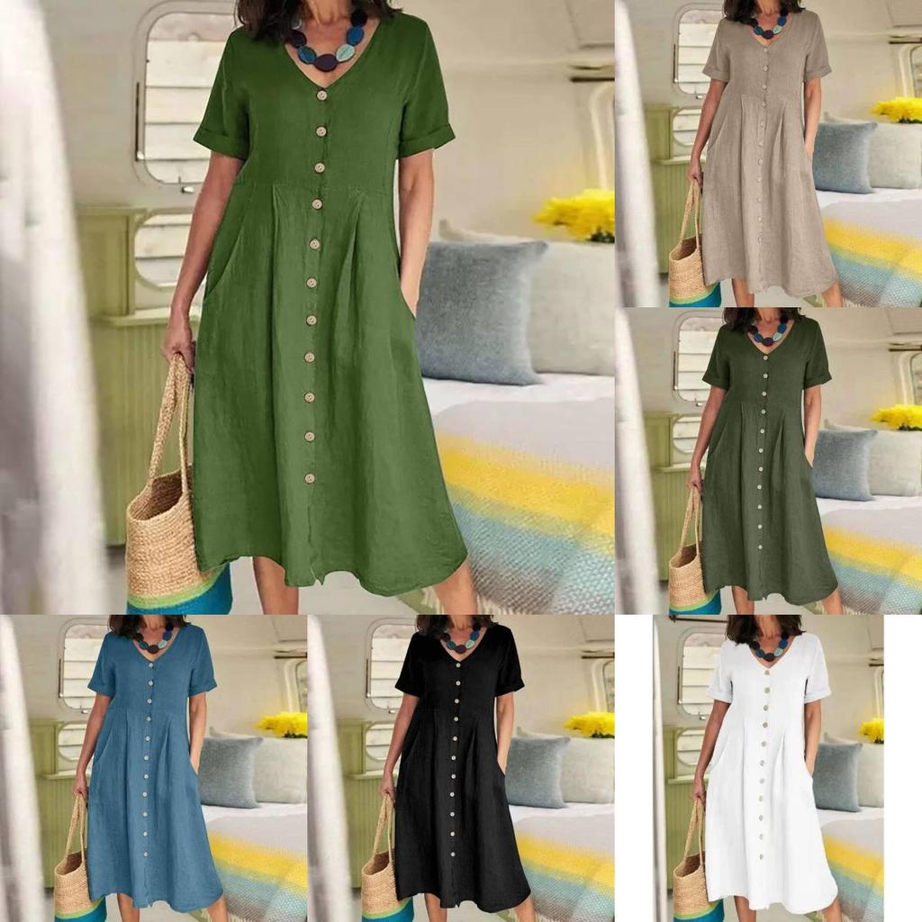 Summer Cotton Linen Dress With Pockets For Casual Streetwear Women