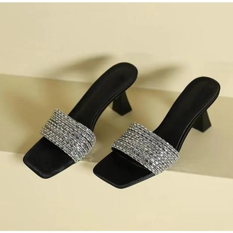 Luxury Designer Shiny Crystal Slippers Women Outdoor Slides Black High-heeled Sandal Bling Sandalias Open Toe Glitter Flip Flops