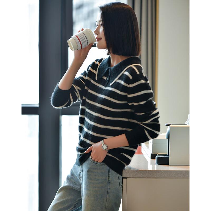 Fanzhen Women's 100% Wool Striped Turn-down Collar Knit Sweater