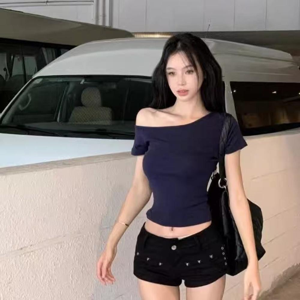 

Чистая сексуальная футболка с коротким рукавом для женщин Стильный летний кроп-топ с открытыми плечами XL темно-синий