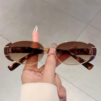 KAMMPT Women Retro Oval Sunglasses Fashion Leopard Decor Tawny Shades Metal Frame Trendy Beach Accessories Stylish Ladies Eyewear
