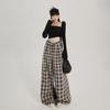 Women's High Waist Plaid Wide-Leg Casual Pants - Autumn Button-Down Style