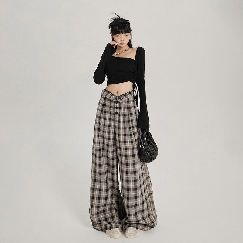 Women's High Waist Plaid Wide-Leg Casual Pants - Autumn Button-Down Style