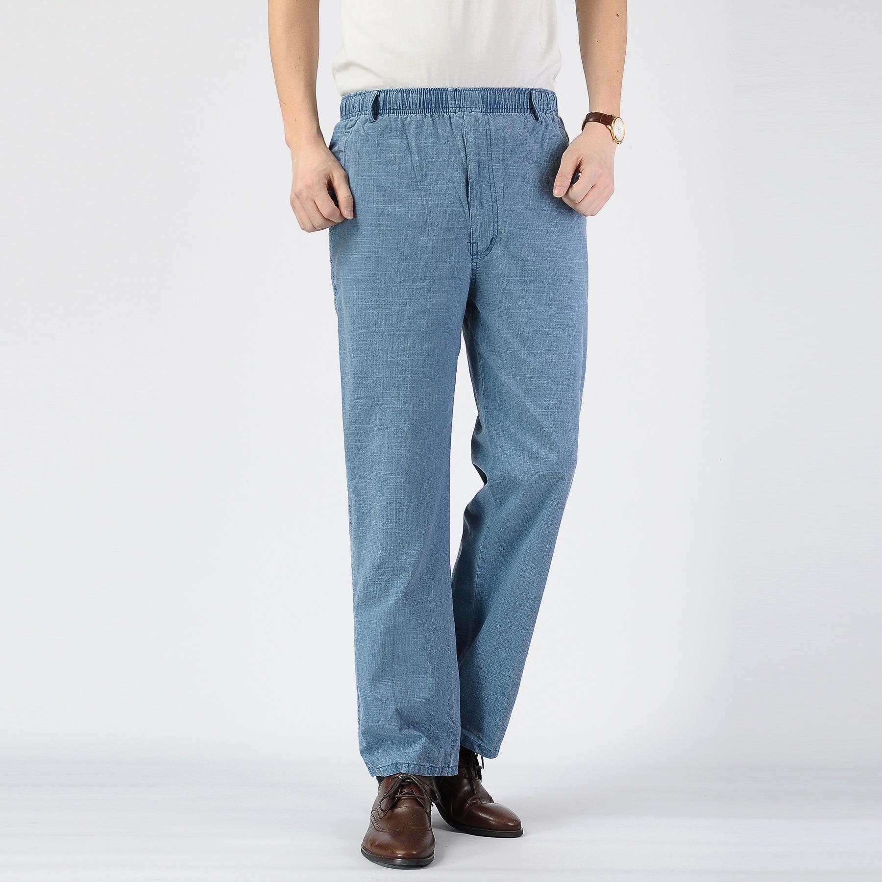 

Мужские осенне-летние хлопково-льняные тонкие повседневные брюки с завышенной талией, дышащие, свободные XL синий