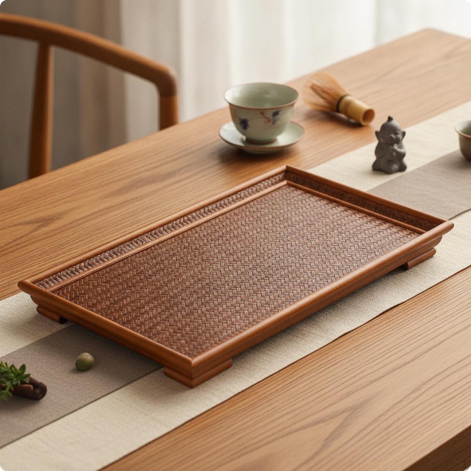Serving Tray with Woven Central Panel Handcrafted Bamboo for Tabletop Display L