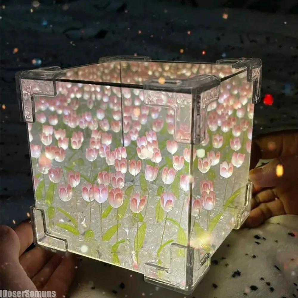 Handmade Tulip Nightlight DIY Material Cube Tulip Mirror Bedroom Decor Atmosphere Lamp Valentine's Day Birthday Gift