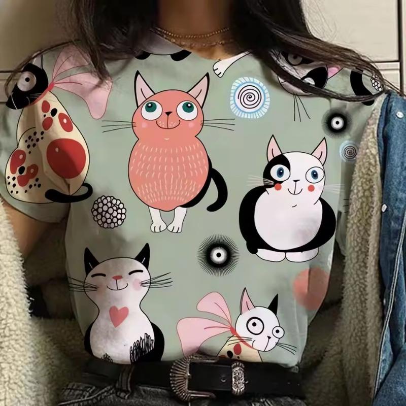 3D-tryckt söt djur-t-shirt för kvinnor roliga kattgrafiska t-shirts sommarmode överdimensionerade t-shirts kortärmade toppar med rund hals