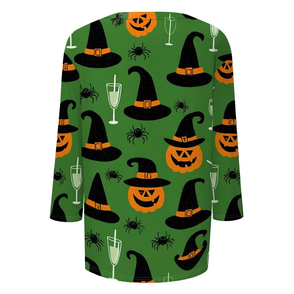 Women's Casual Halloween Print Top Three Quarter Sleeve Crew Neck Shirt Lightweight Comfortable Fit Seasonal Design